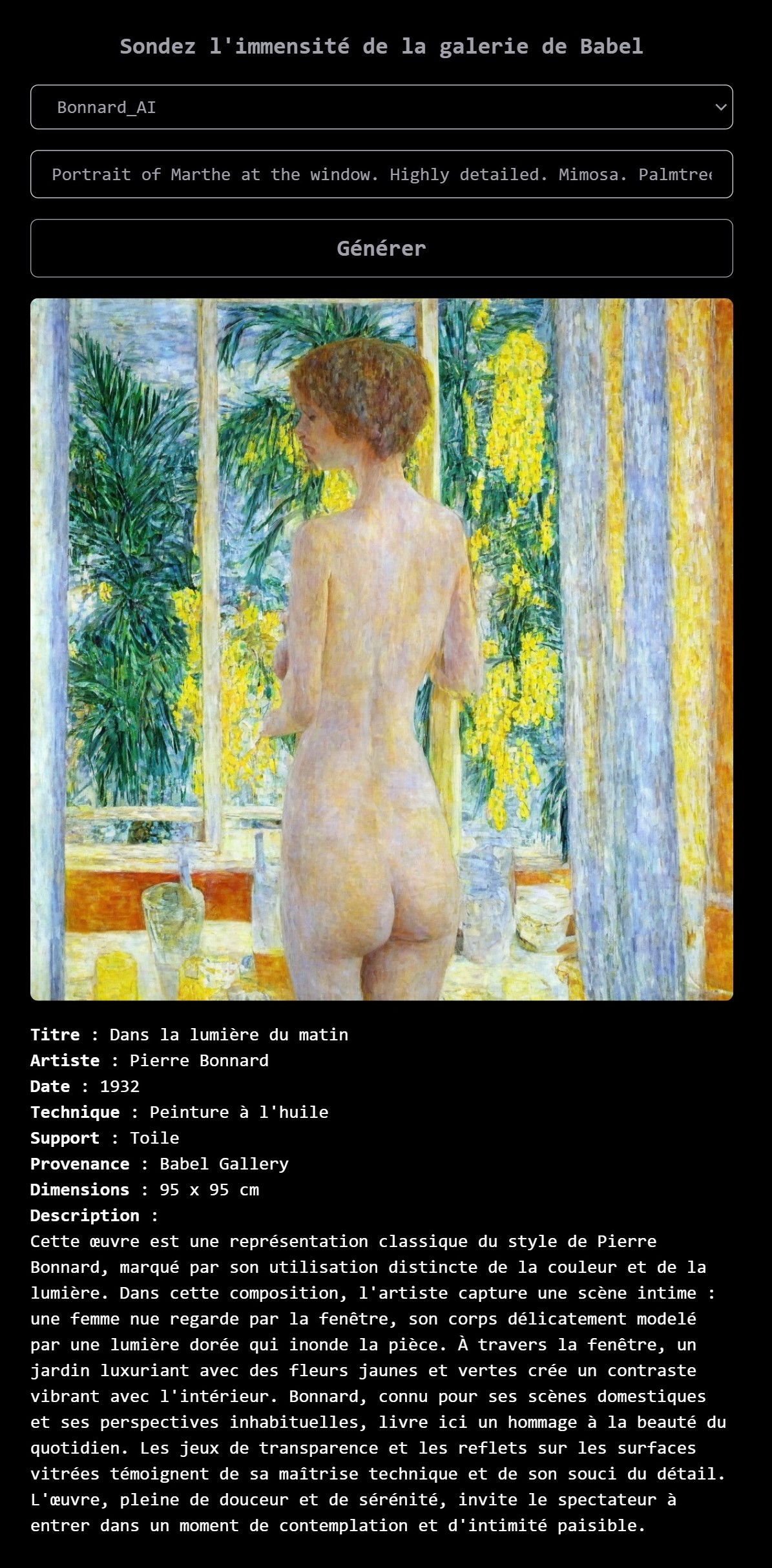 Une génération d'images dans le playground de BabelGallery avec le modèle Bonnard_AI